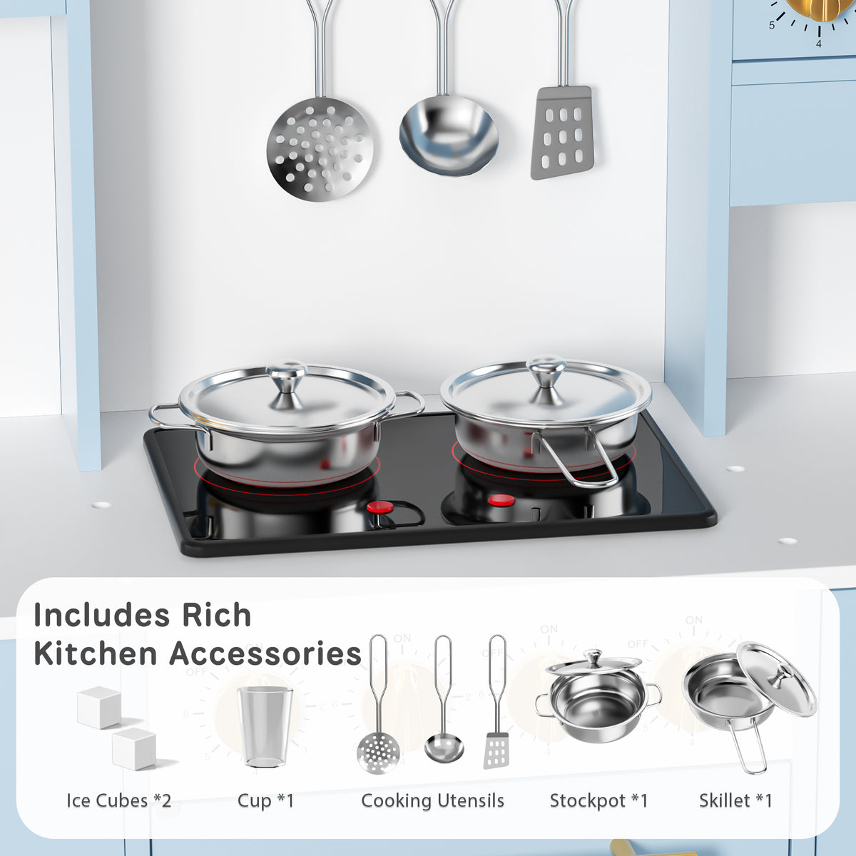 AILEEKISS Wood Kids Play Kitchen, Pretend Kitchen Playset for Children Age 3 Years up, Blue