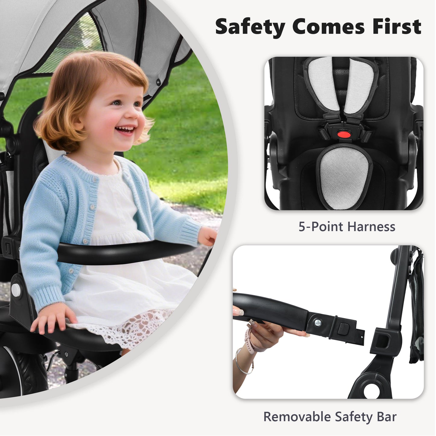 AILEEKISS 8-in-1 Kids' Tricycle Stroller, Folding Toddler Bicycle Unisex Ride Trike 1-6 Years, Light Grey