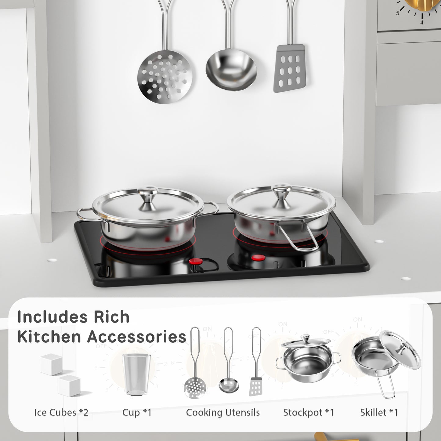 AILEEKISS Wood Kids Play Kitchen, Pretend Kitchen Playset for Children Age 3 Years up, Grey