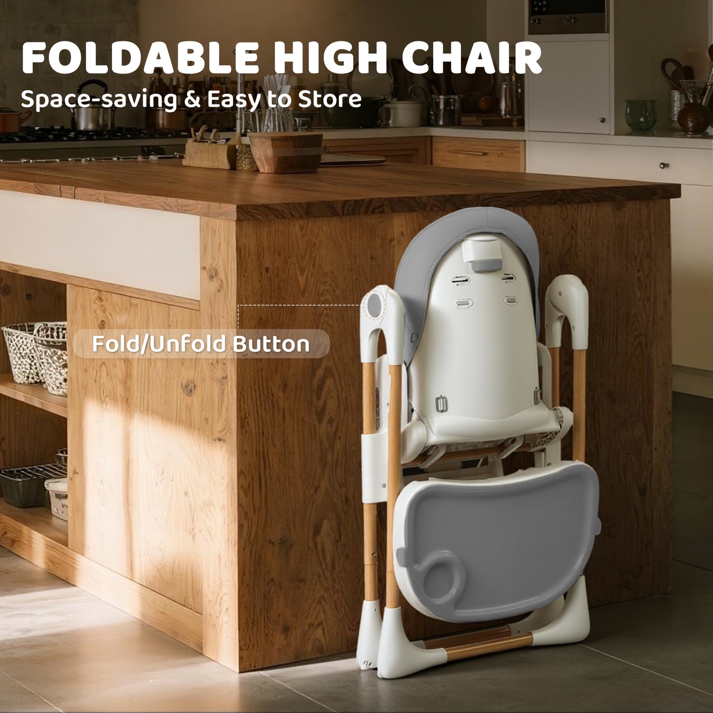 AILEEKISS Foldable High Chair for Baby, Toddler Eating Chair with Detachable Double Trays, Natural Grey