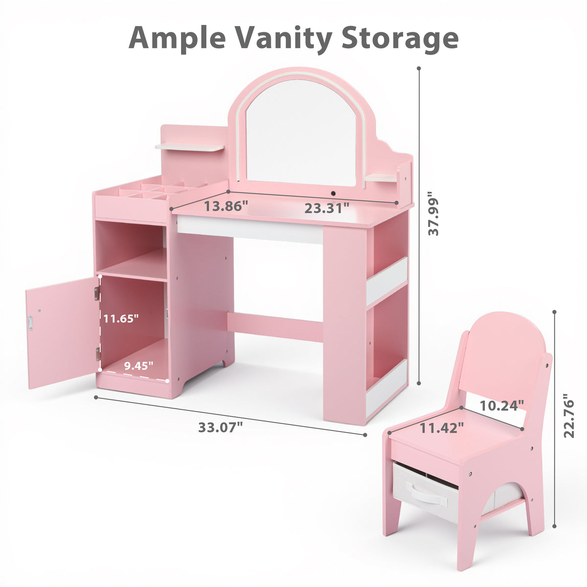 AILEEKISS Kids Vanity Set with Stool, Pretend Play Makeup Table with Jewelry Storage, Pink