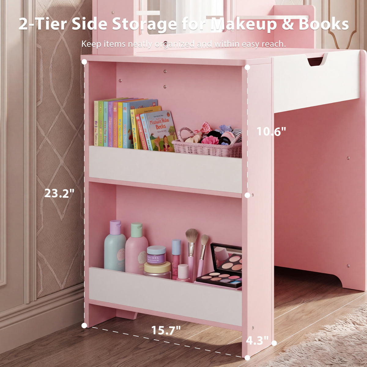 AILEEKISS Vanity Table Set with Flip Desktop, Pretend Play Makeup Table with Drawers, Pink