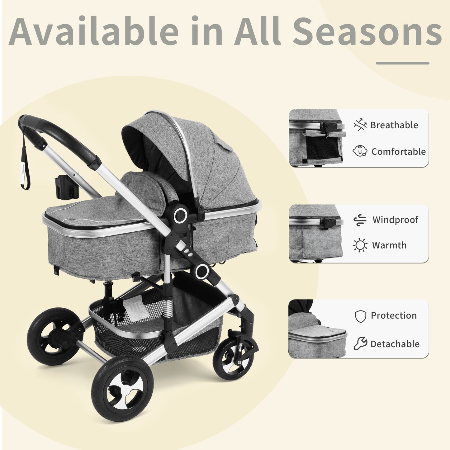 AILEEKISS 3 in 1 Convertible Baby Stroller, Unisex Folding Newborn Stroller with Big Seat, Dark Grey