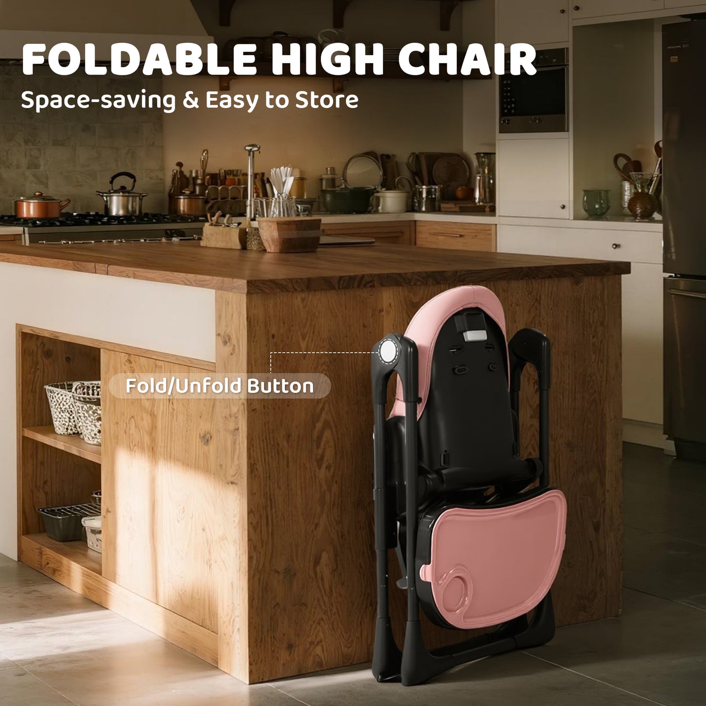 AILEEKISS Foldable High Chair for Baby, Toddler Eating Chair with Detachable Double Trays, Black Pink