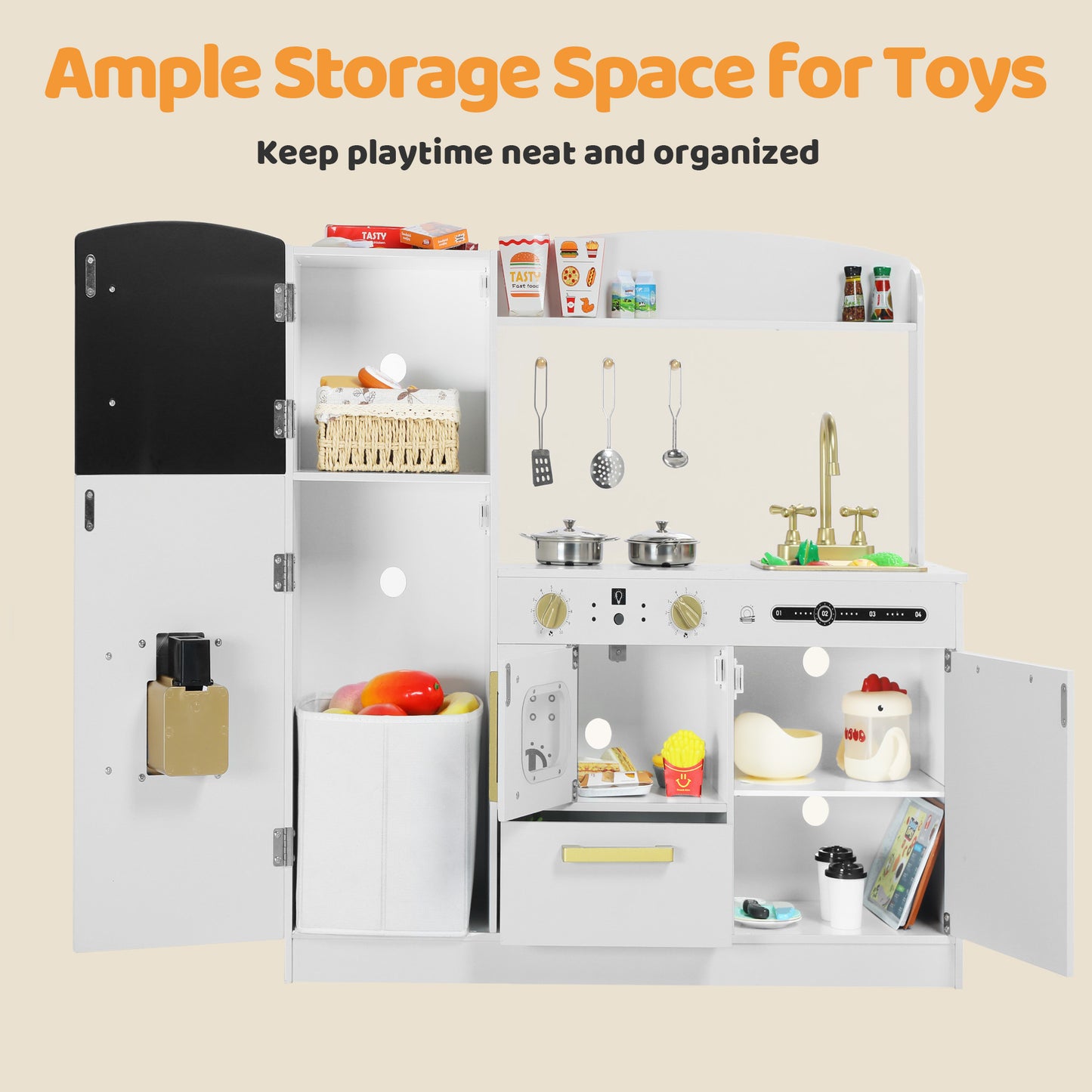 AILEEKISS Wood Kids Play Kitchen, Pretend Kitchen Playset for Children Age 3 Years up, White