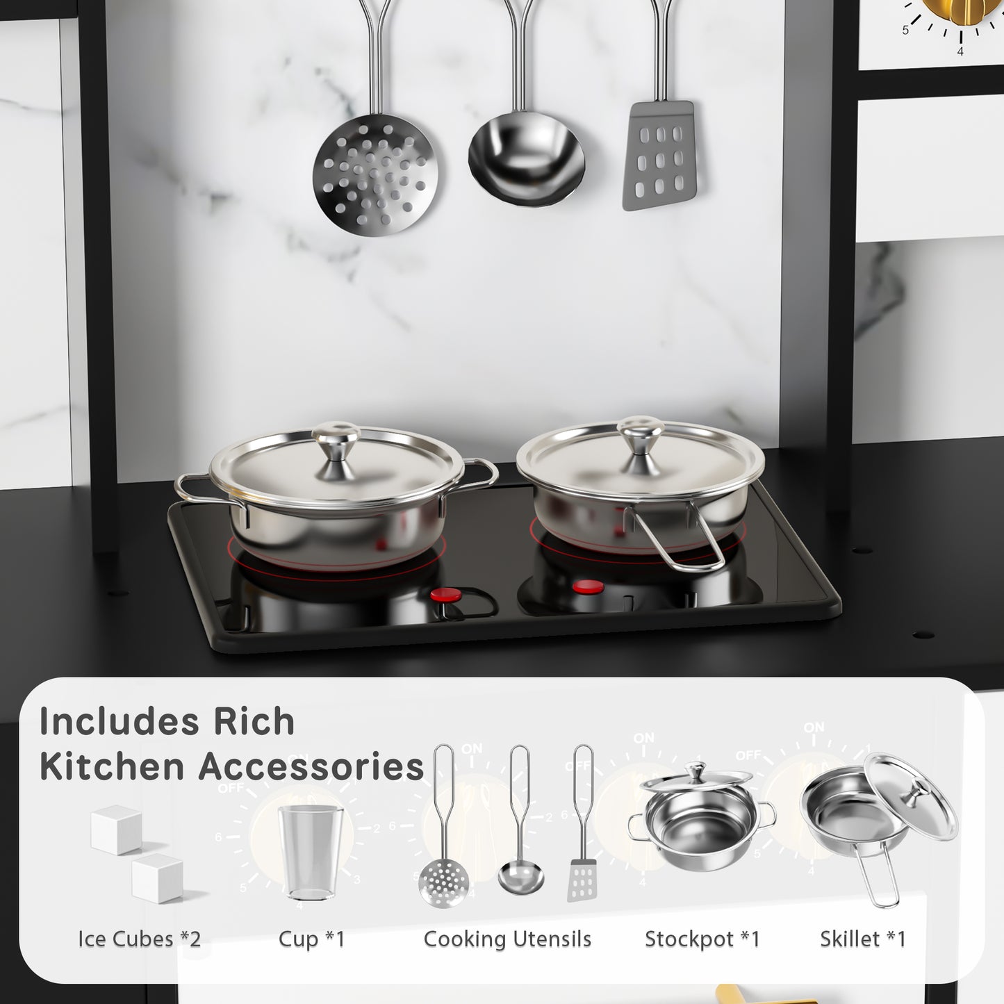 AILEEKISS Wood Kids Play Kitchen, Pretend Kitchen Playset for Children Age 3 Years up, Black