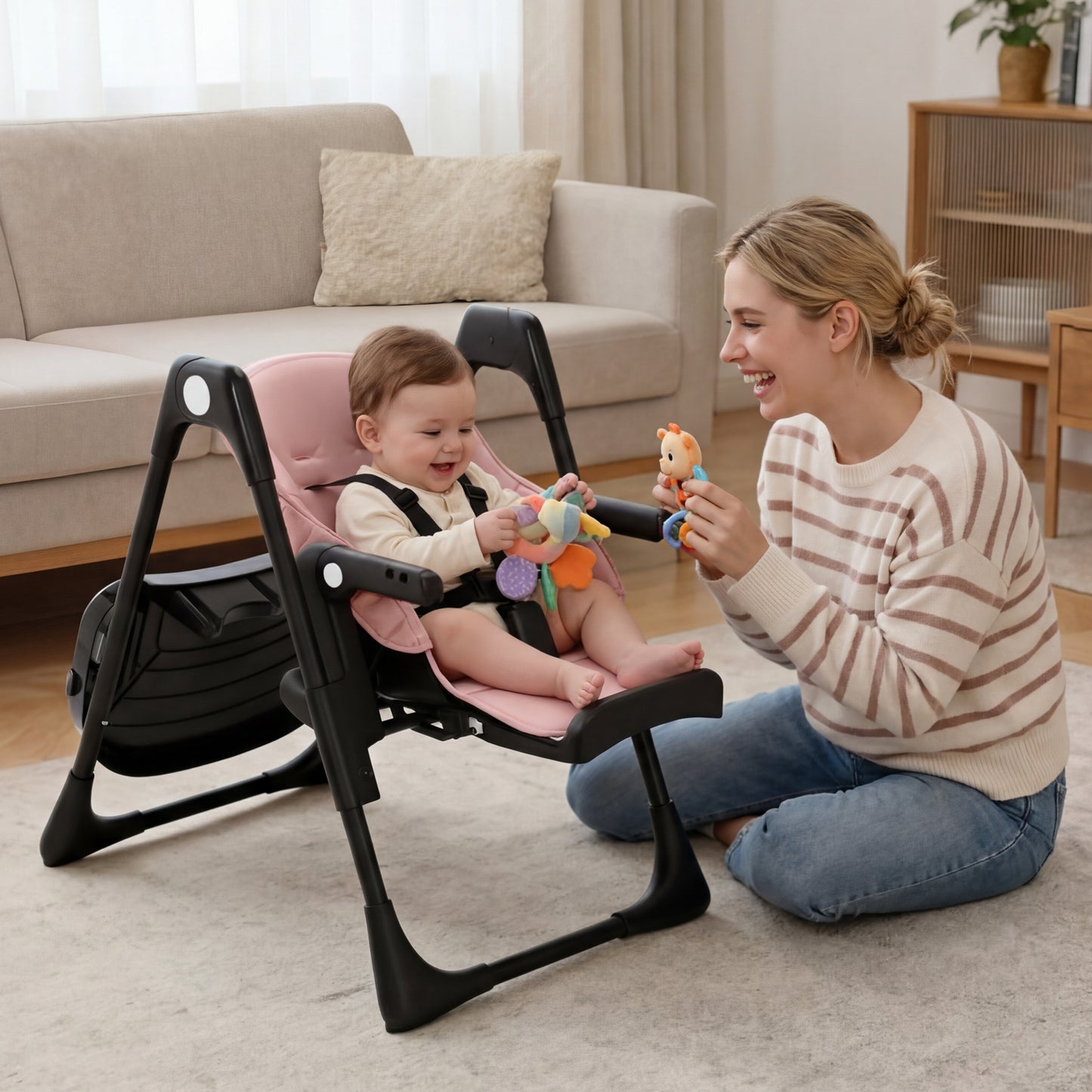 AILEEKISS Foldable High Chair for Baby, Toddler Eating Chair with Detachable Double Trays, Black Pink