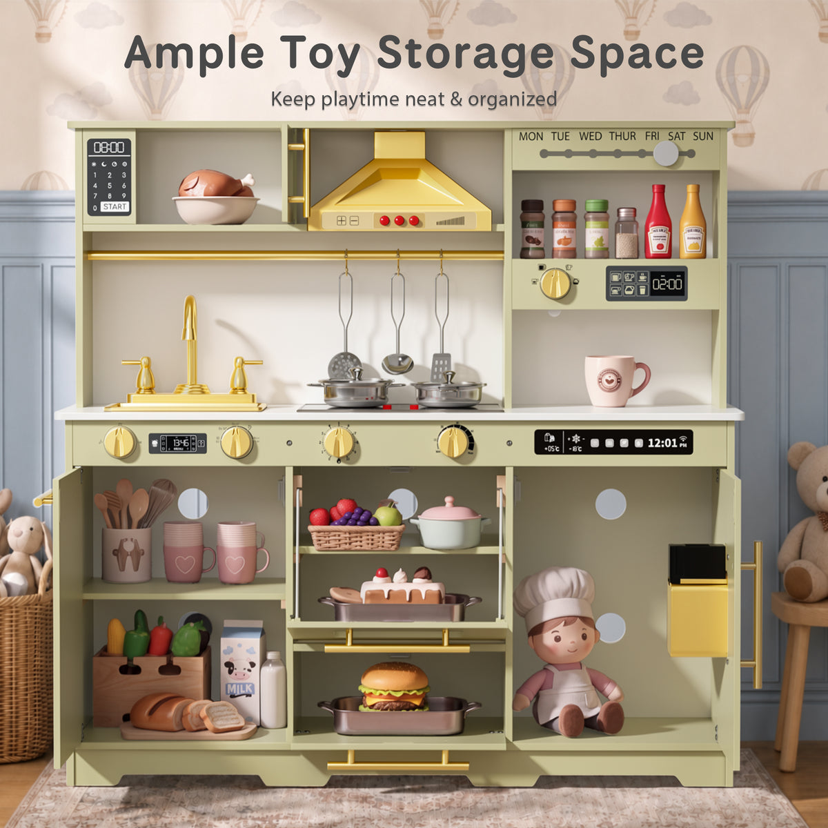 AILEEKISS Kids Toy Kitchen for Children, Pretend Kids Play Kitchen Set with Cooking Accessories, Green