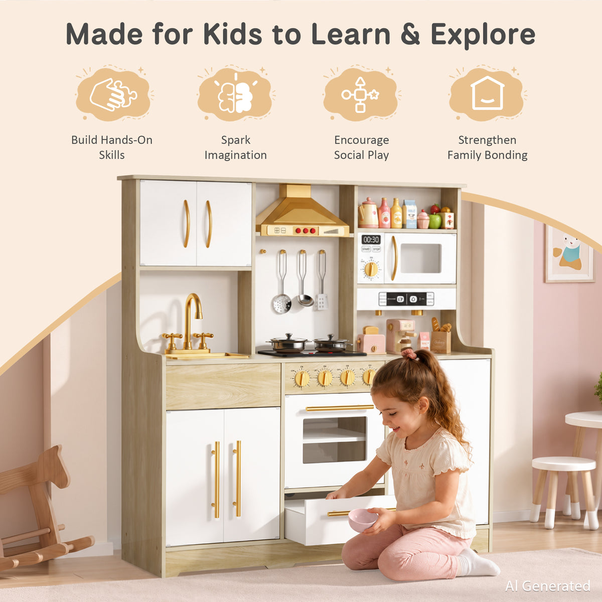 AILEEKISS Wood Kids Play Kitchen, Pretend Kitchen Playset for Children Age 3 Years up, Grain