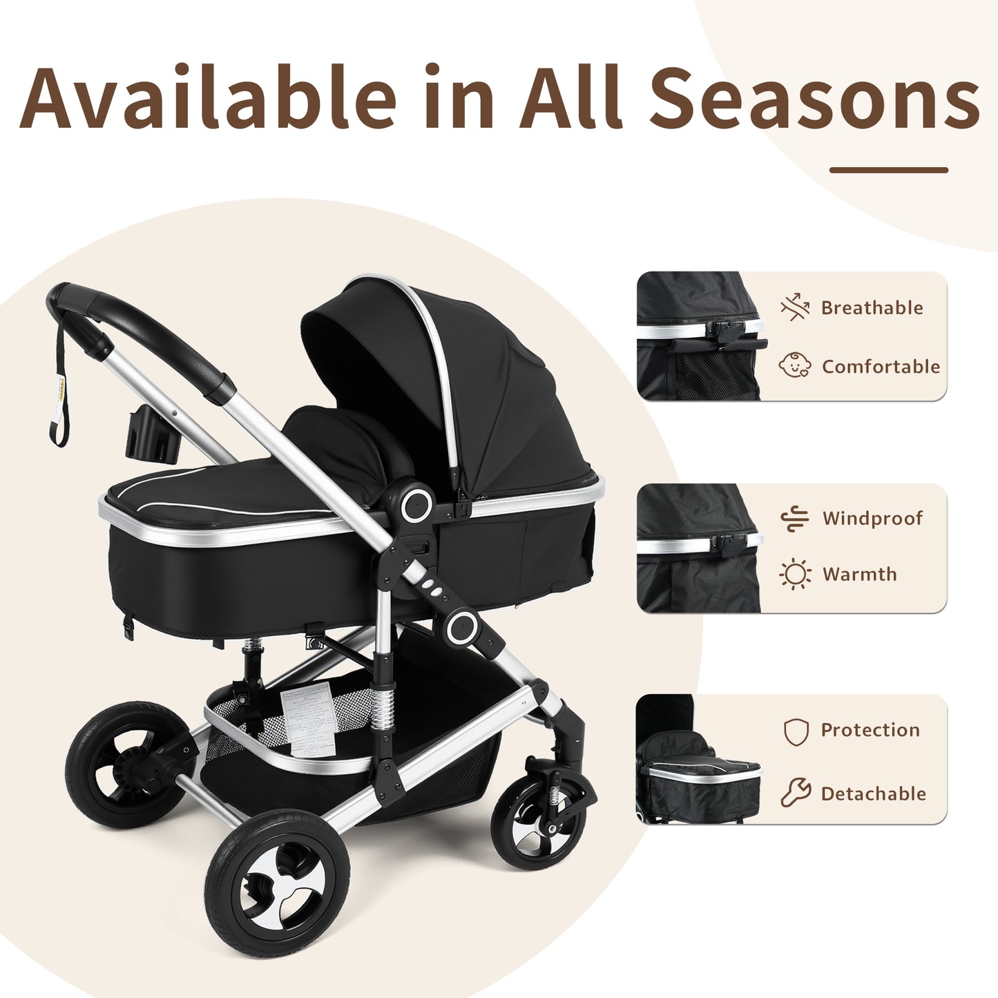 AILEEKISS 3 in 1 Convertible Baby Stroller, Unisex Folding Newborn Stroller with Big Seat, Black Silver