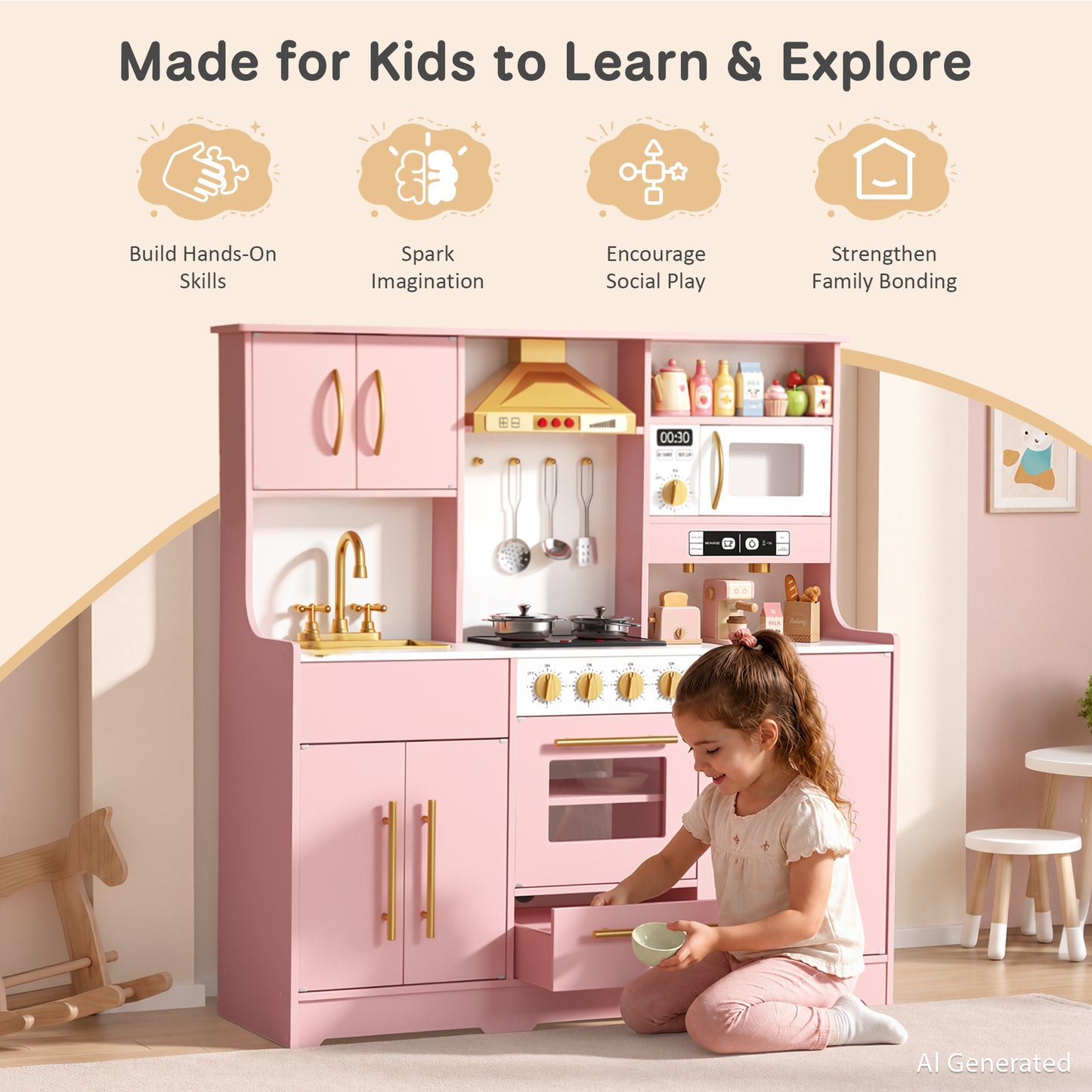 AILEEKISS Wood Kids Play Kitchen, Pretend Kitchen Playset for Children Age 3 Years up, Pink