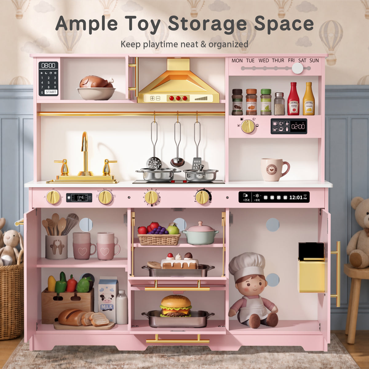 AILEEKISS Kids Toy Kitchen for Children, Pretend Kids Play Kitchen Set with Cooking Accessories, Pink