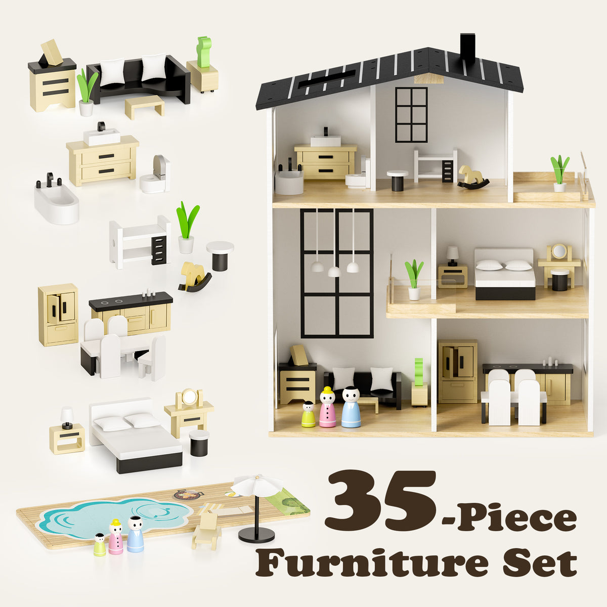 AILEEKISS Dollhouse for Kids with 35 Pieces Furniture Set, 3-Story Dream House with Puzzle Patio, White