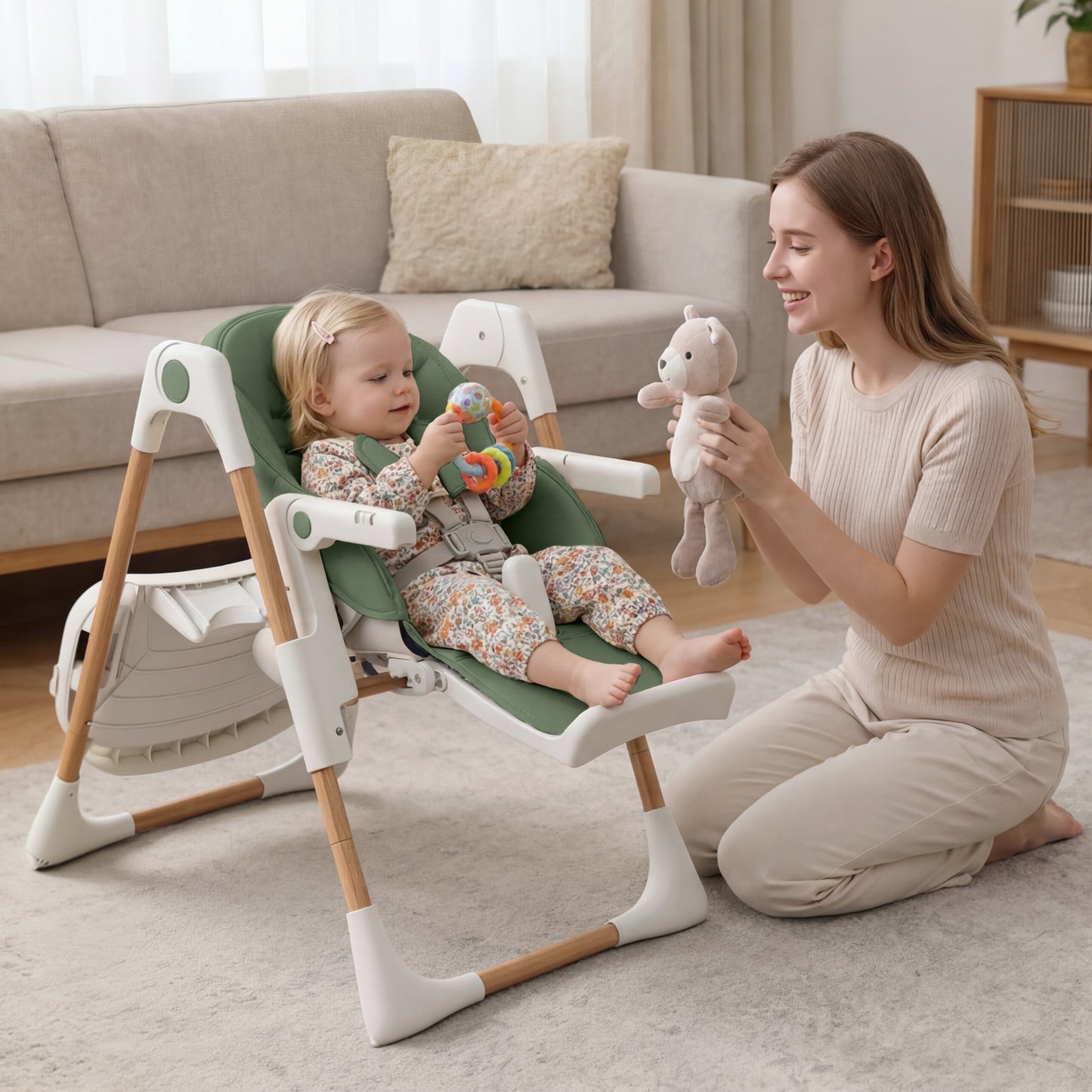 AILEEKISS Foldable High Chair for Baby, Toddler Eating Chair with Detachable Double Trays, Natural Green