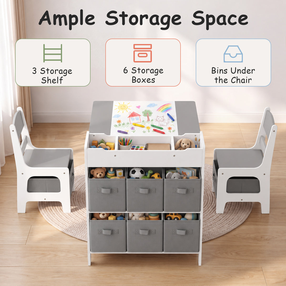 AILEEKISS Kids Table and Chair Set,Children Play Activity Desk for Drawing with 6 Drawers, Grey