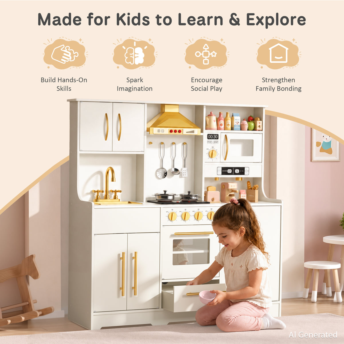 AILEEKISS Wood Kids Play Kitchen, Pretend Kitchen Playset for Children Age 3 Years up, White