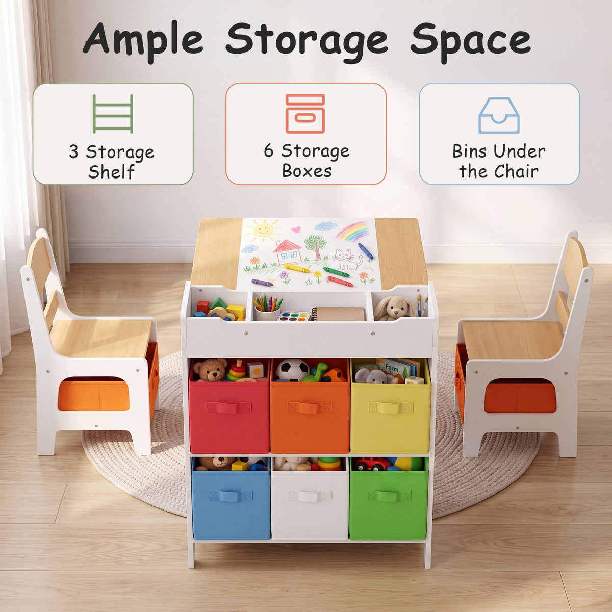 AILEEKISS Kids Table and Chair Set,Children Play Activity Desk for Drawing with 6 Drawers, Natural