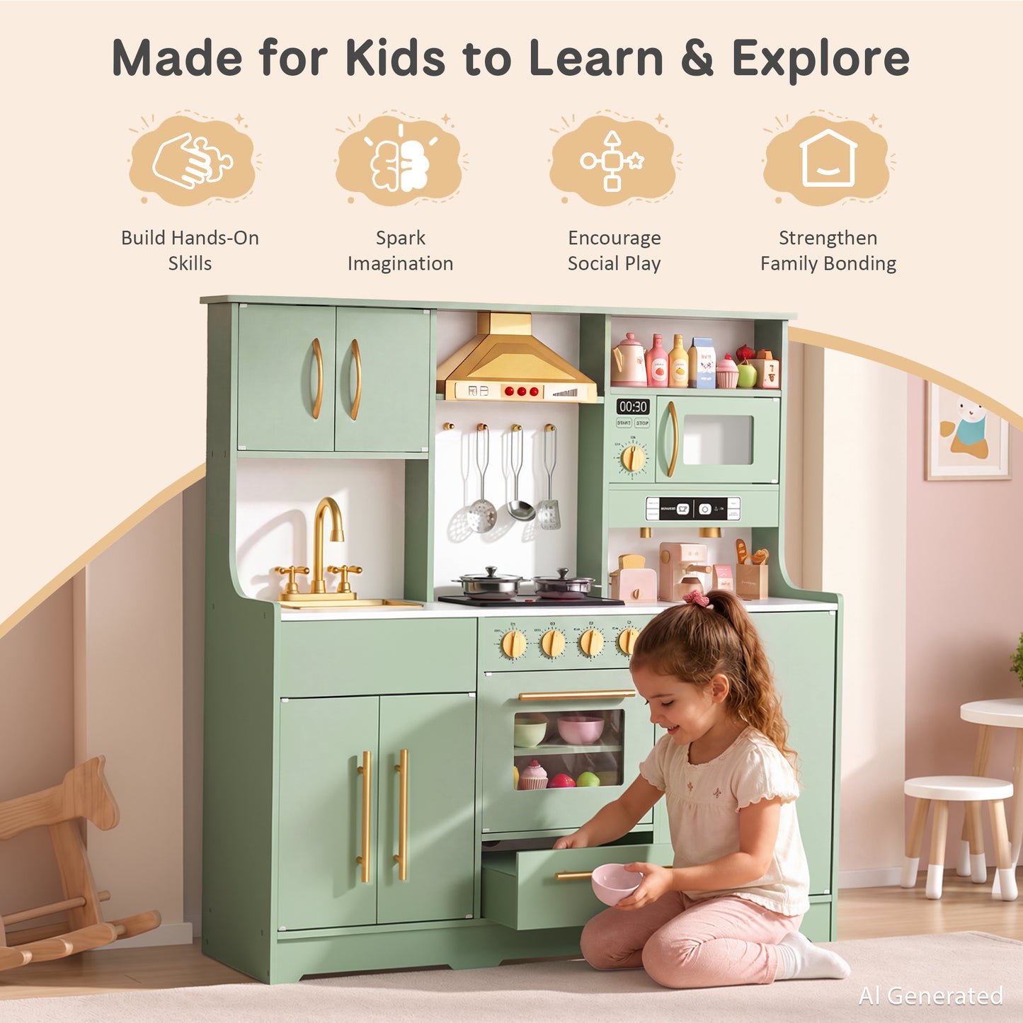 AILEEKISS Wood Kids Play Kitchen, Pretend Kitchen Playset for Children Age 3 Years up, Green