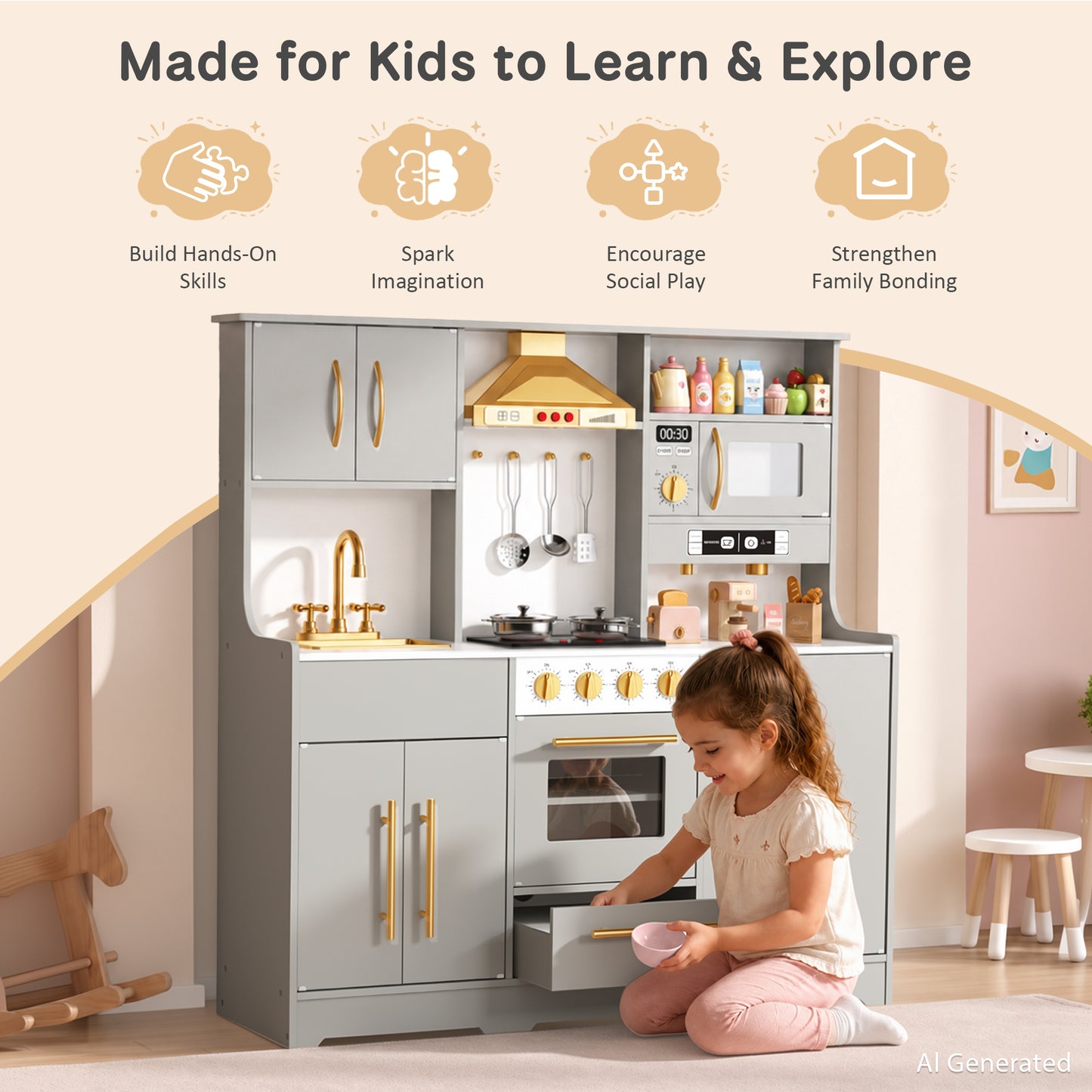 AILEEKISS Wood Kids Play Kitchen, Pretend Kitchen Playset for Children Age 3 Years up, Grey