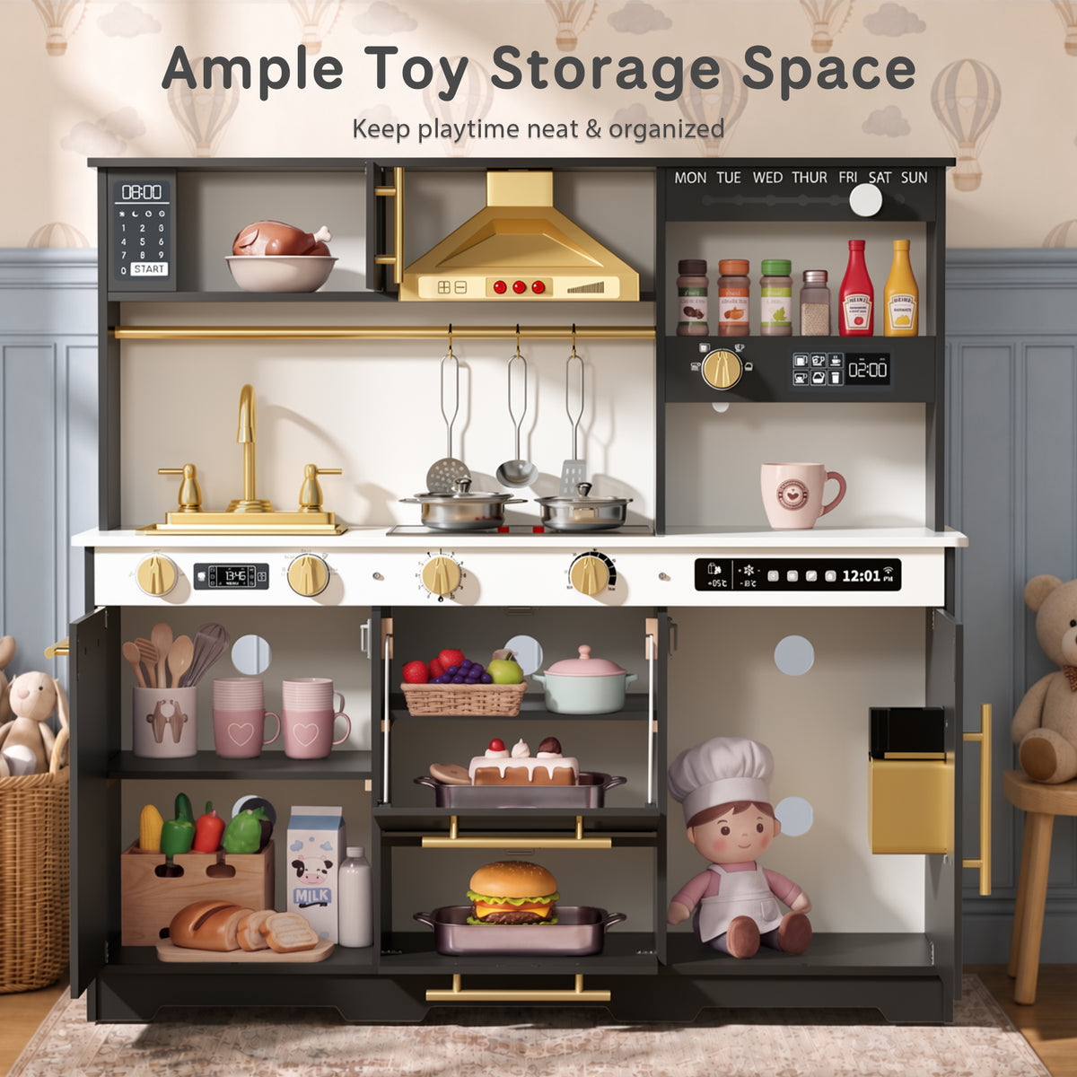 AILEEKISS Kids Toy Kitchen for Children, Pretend Kids Play Kitchen Set with Cooking Accessories, Black