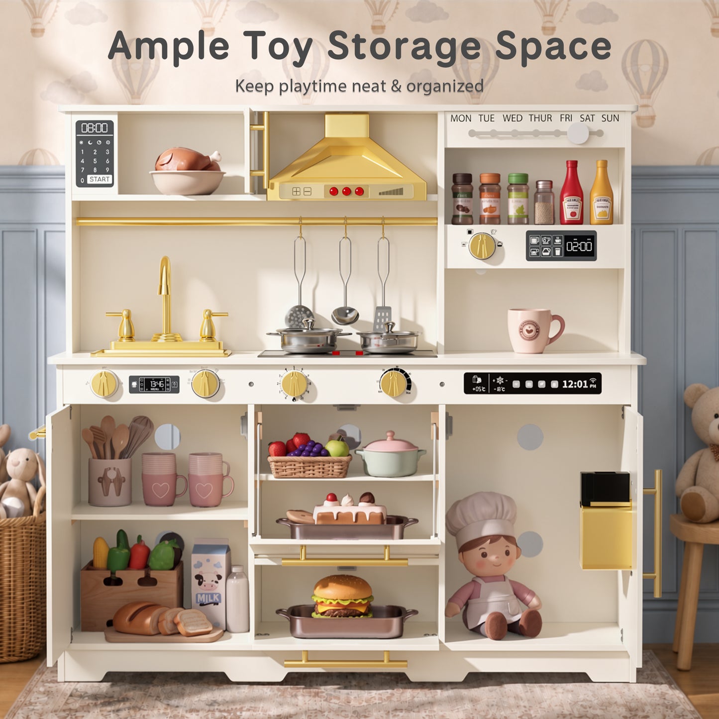 AILEEKISS Kids Toy Kitchen for Children, Pretend Kids Play Kitchen Set with Cooking Accessories, White