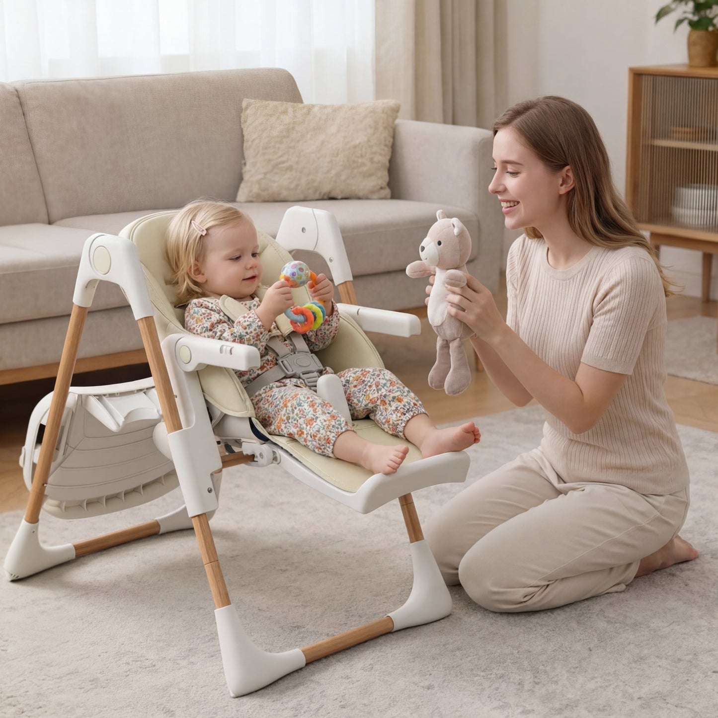 AILEEKISS Foldable High Chair for Baby, Toddler Eating Chair with Detachable Double Trays, Natural Beige