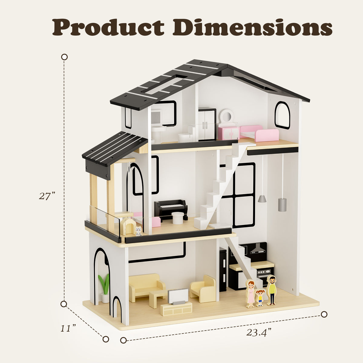 AILEEKISS Dollhouse for Kids with 20 Pieces Furniture Set, 3-Story Dream House with Puzzle Patio, White