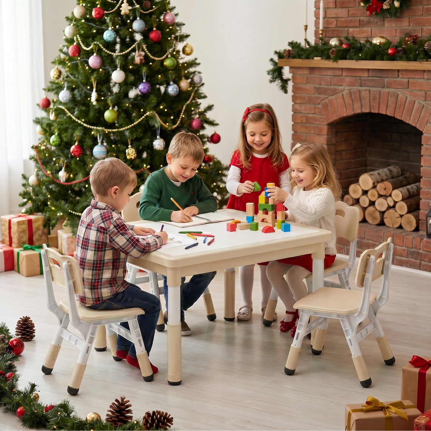 AILEEKISS Kids Table and 4 Chair Set, Children Lego Table Play Activity Desk for Drawing, Khaki