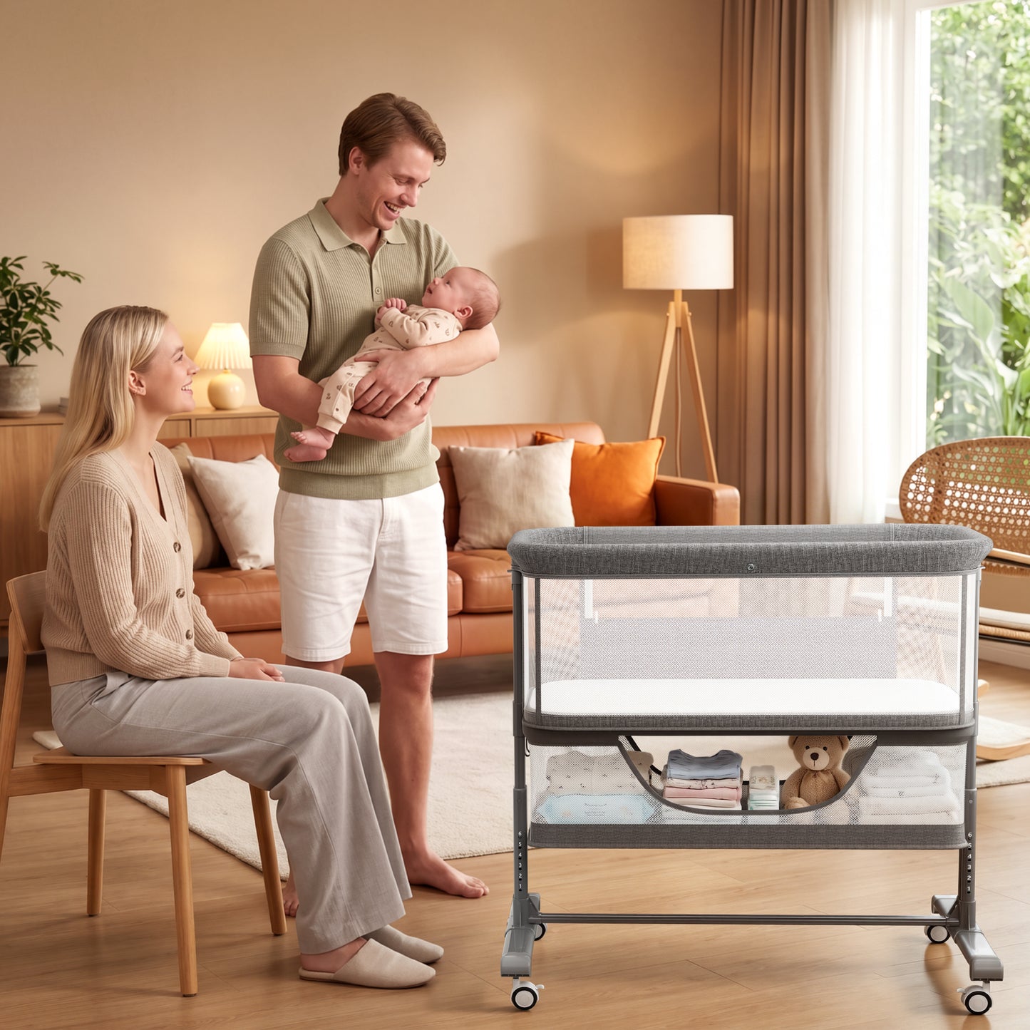 AILEEKISS Bedside Bassinet for Newborn, 6 Height Adjustable Baby Bassinet with Mosquito Net, Grey