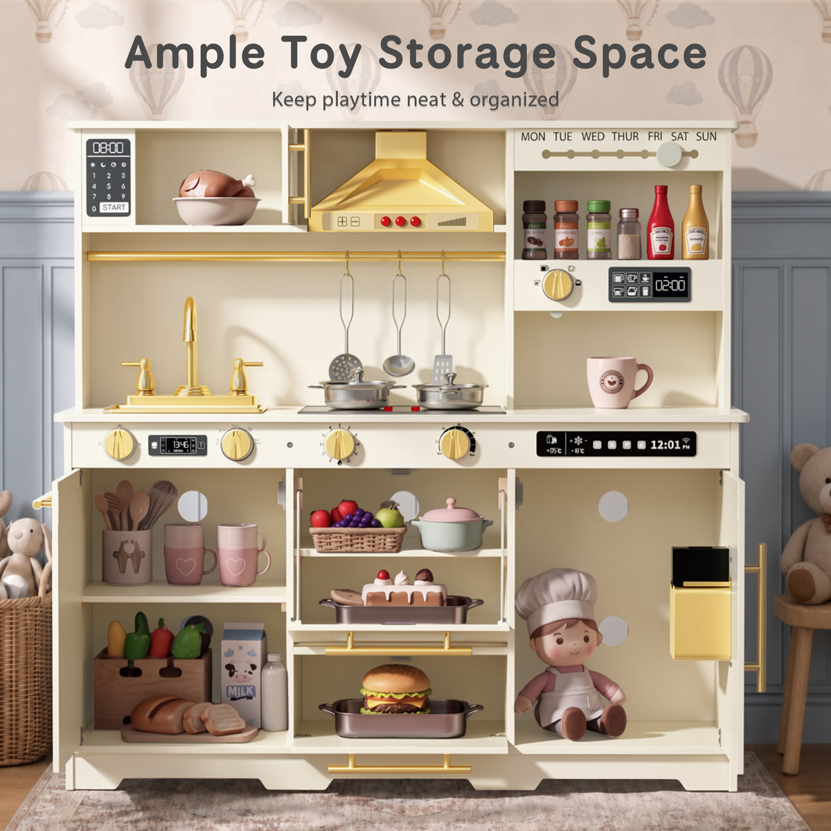 AILEEKISS Kids Toy Kitchen for Children, Pretend Kids Play Kitchen Set with Cooking Accessories, Beige