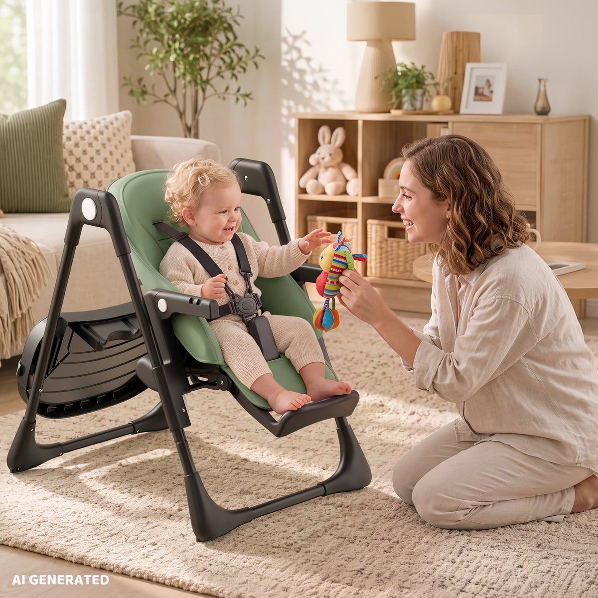 AILEEKISS Foldable High Chair for Baby, Toddler Eating Chair with Detachable Double Trays, Green