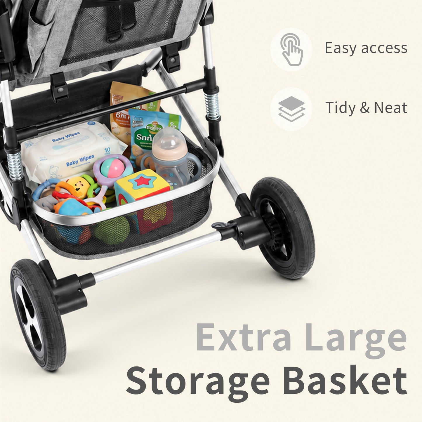 AILEEKISS 3 in 1 Convertible Baby Stroller, Unisex Folding Newborn Stroller with Big Seat, Light Grey