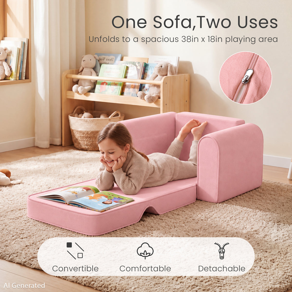 AILEEKISS 2-in-1 Toddler Sofa Chair, Foldable Kids Couch Flip Open Bed for Playroom, Pink
