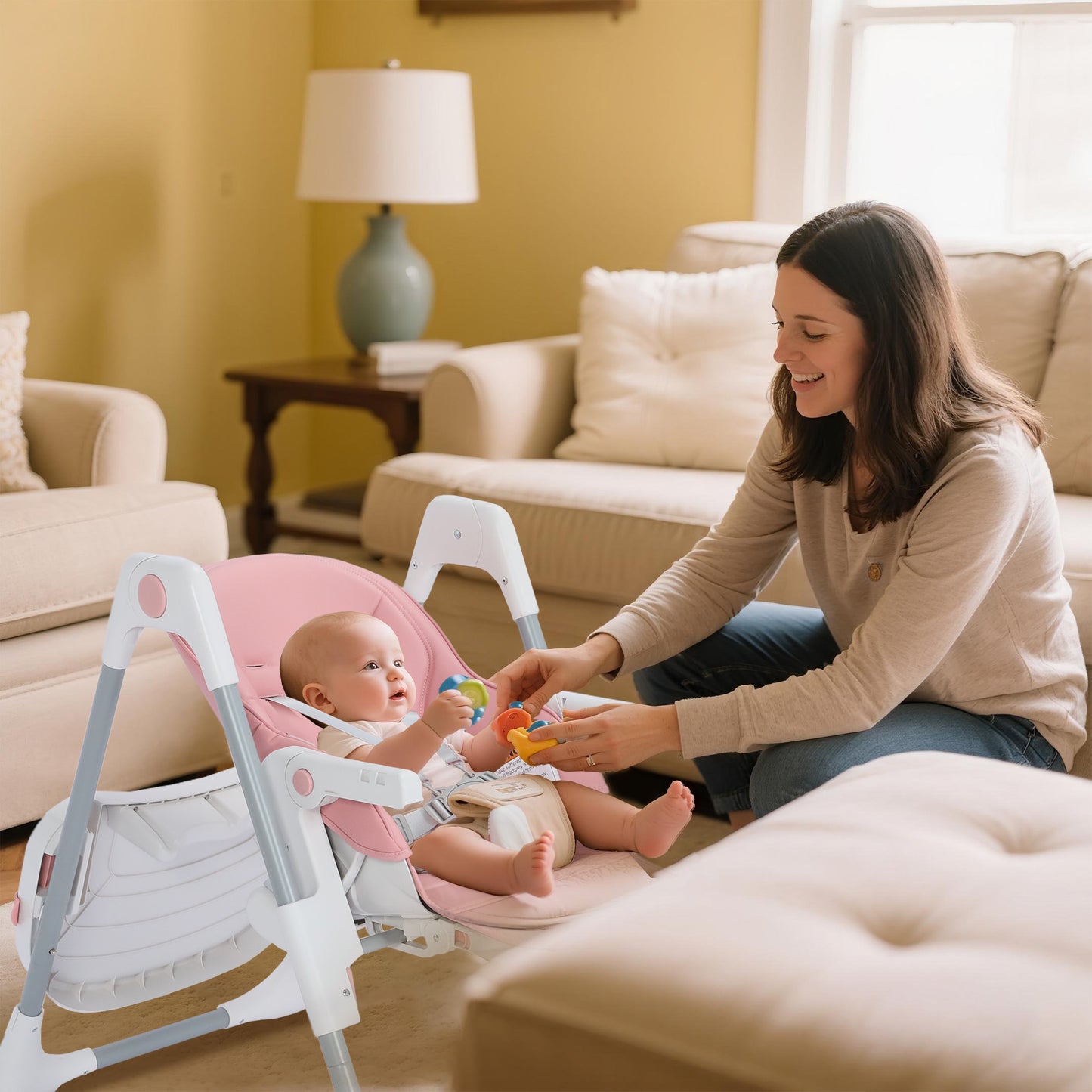 AILEEKISS Foldable High Chair for Baby, Toddler Eating Chair with Detachable Double Trays, Pink