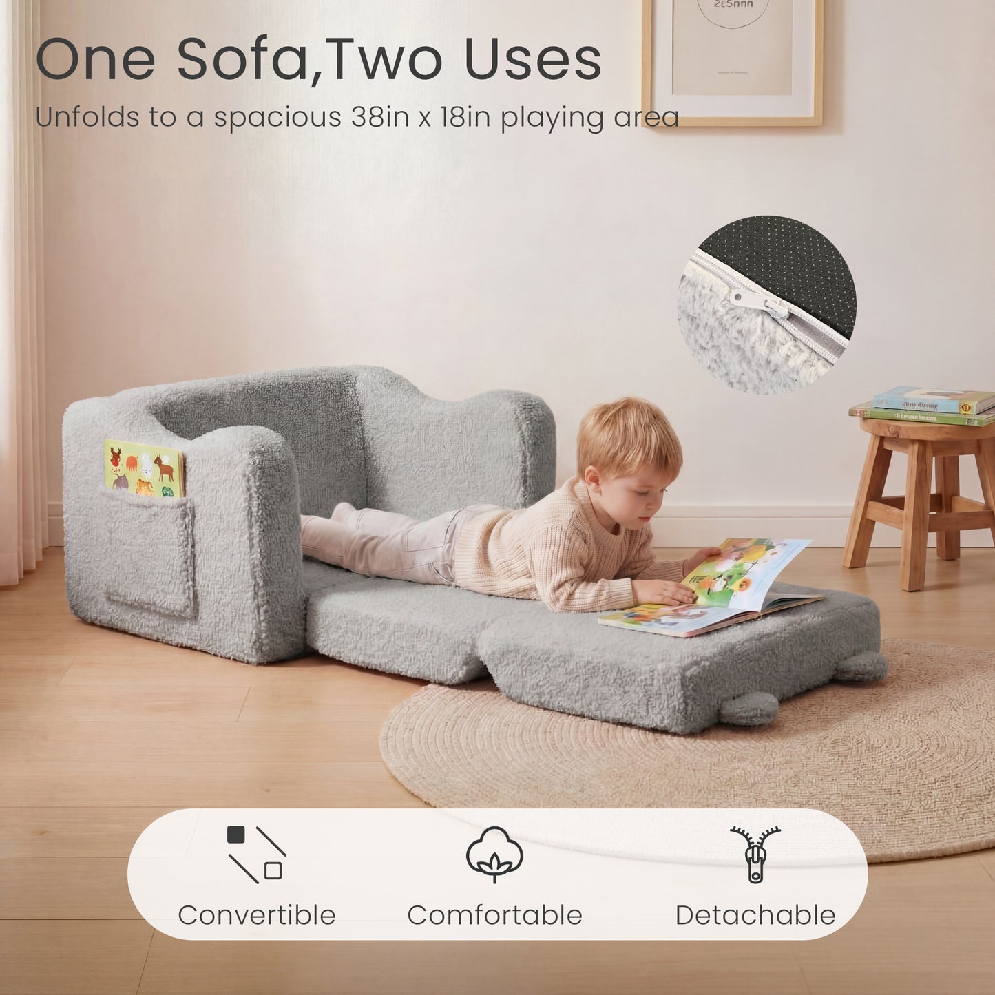 AILEEKISS Toddler Sofa, Foldable Kids Sofa Couch, Convertible Baby Lounger Chair for Playroom, Grey