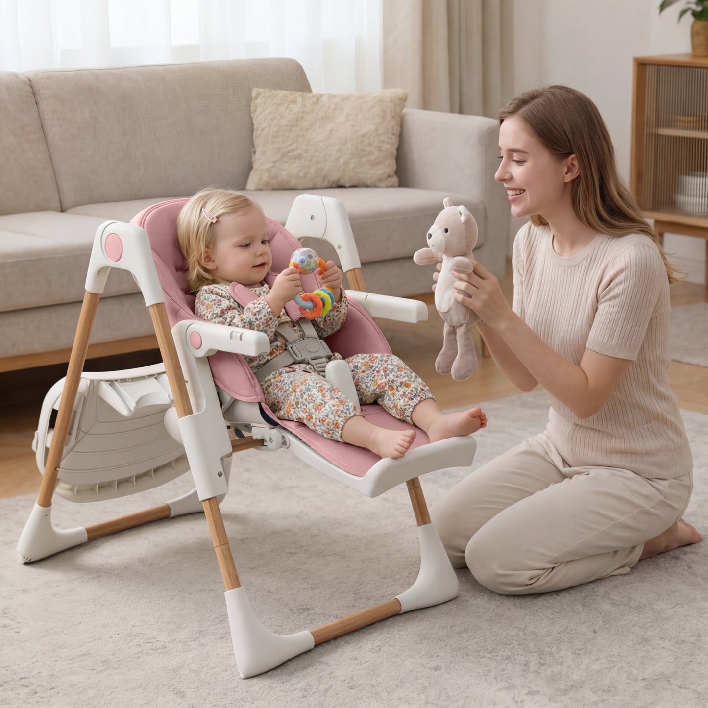 AILEEKISS Foldable High Chair for Baby, Toddler Eating Chair with Detachable Double Trays, Natural Pink