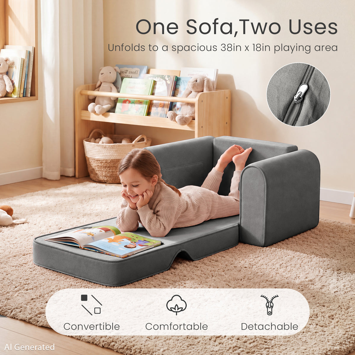 AILEEKISS 2-in-1 Toddler Sofa Chair, Foldable Kids Couch Flip Open Bed for Playroom, Grey