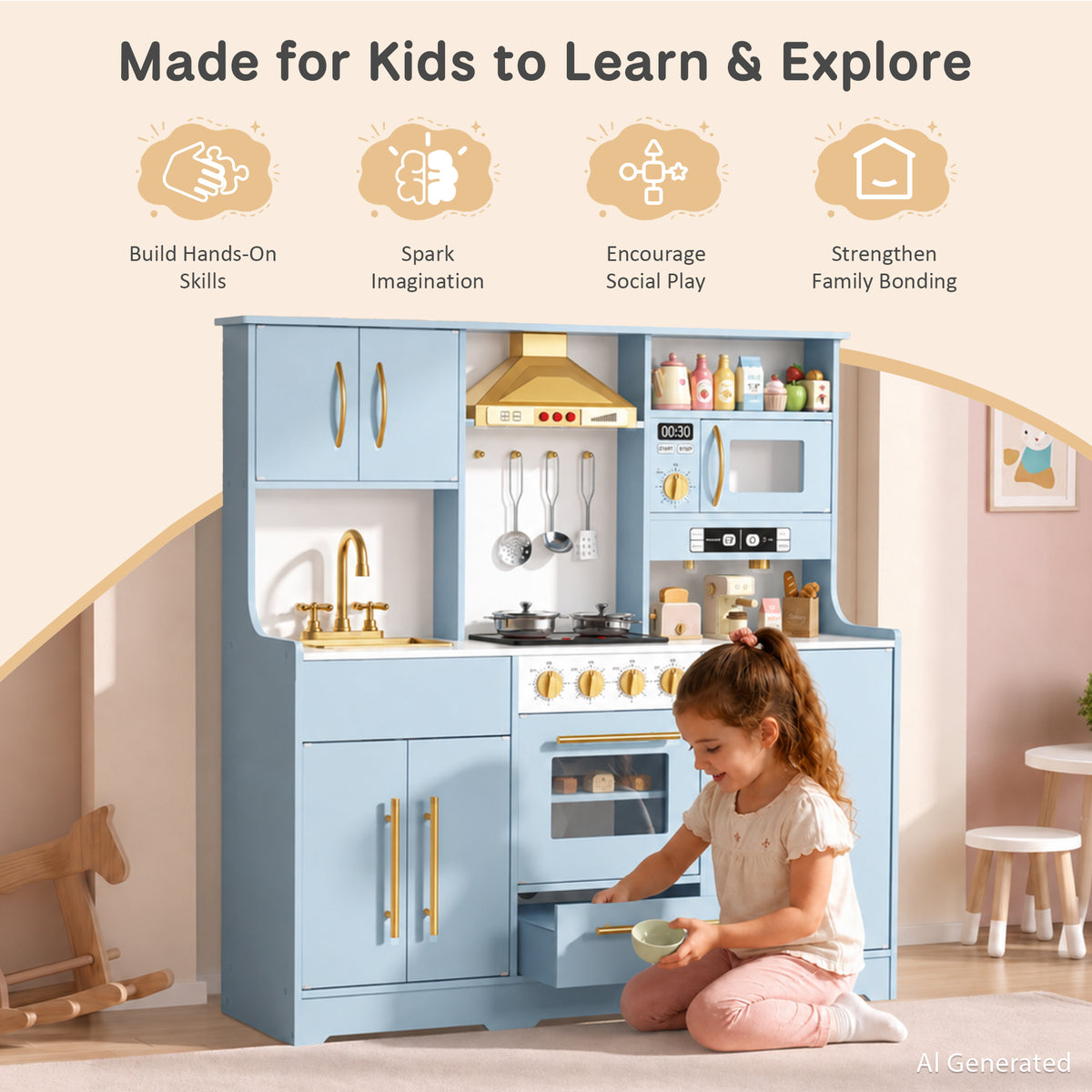 AILEEKISS Wood Kids Play Kitchen, Pretend Kitchen Playset for Children Age 3 Years up, Blue