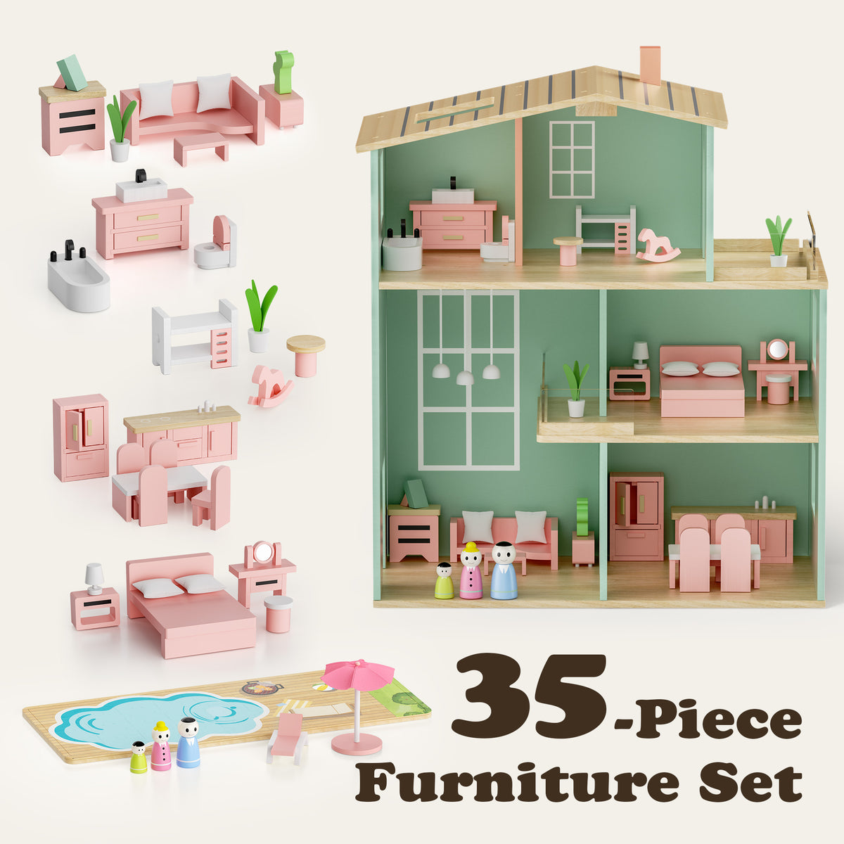 AILEEKISS Dollhouse for Kids with 35 Pieces Furniture Set, 3-Story Dream House with Puzzle Patio, Green