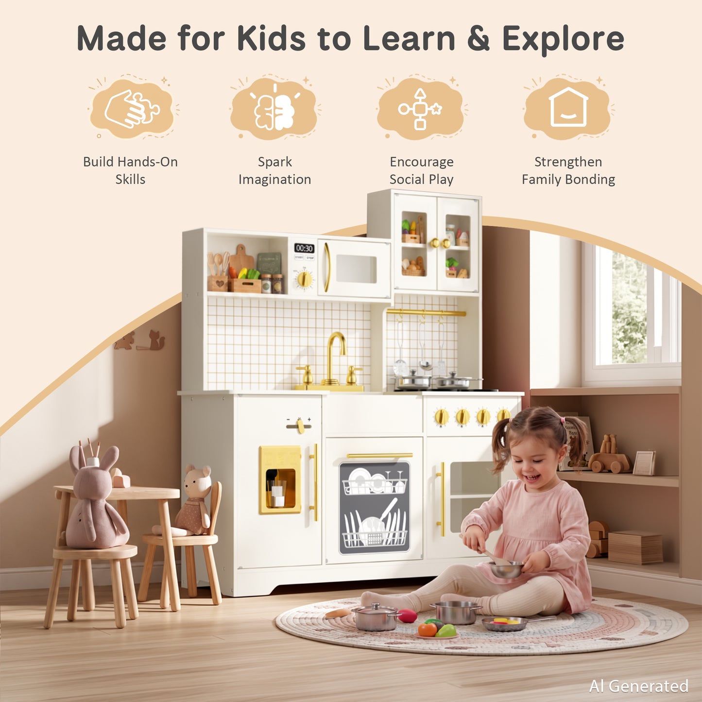 AILEEKISS Kids Kitchen Playset for Children, Realistic Pretend Kitchen Toy with Ice Maker, Beige
