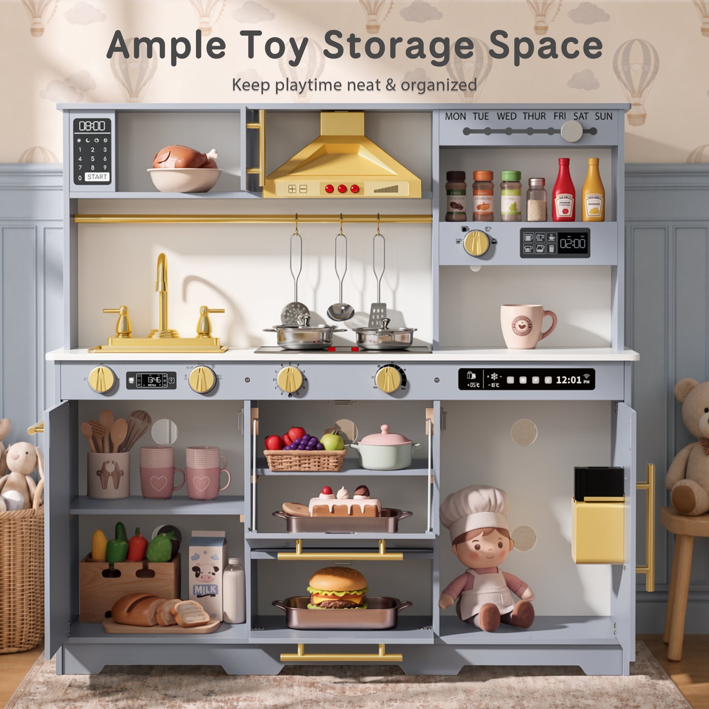 AILEEKISS Kids Toy Kitchen for Children, Pretend Kids Play Kitchen Set with Cooking Accessories, Blue