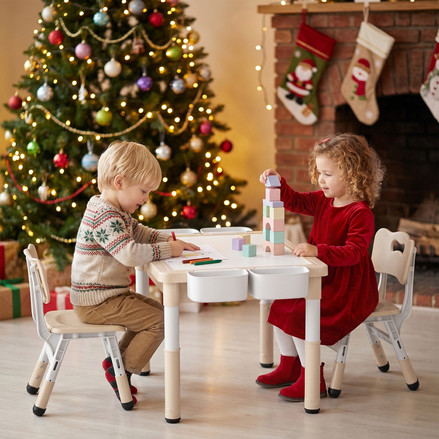 AILEEKISS Kids Table and Chair Set, Children Lego Table Play Activity Desk for Drawing, Khaki