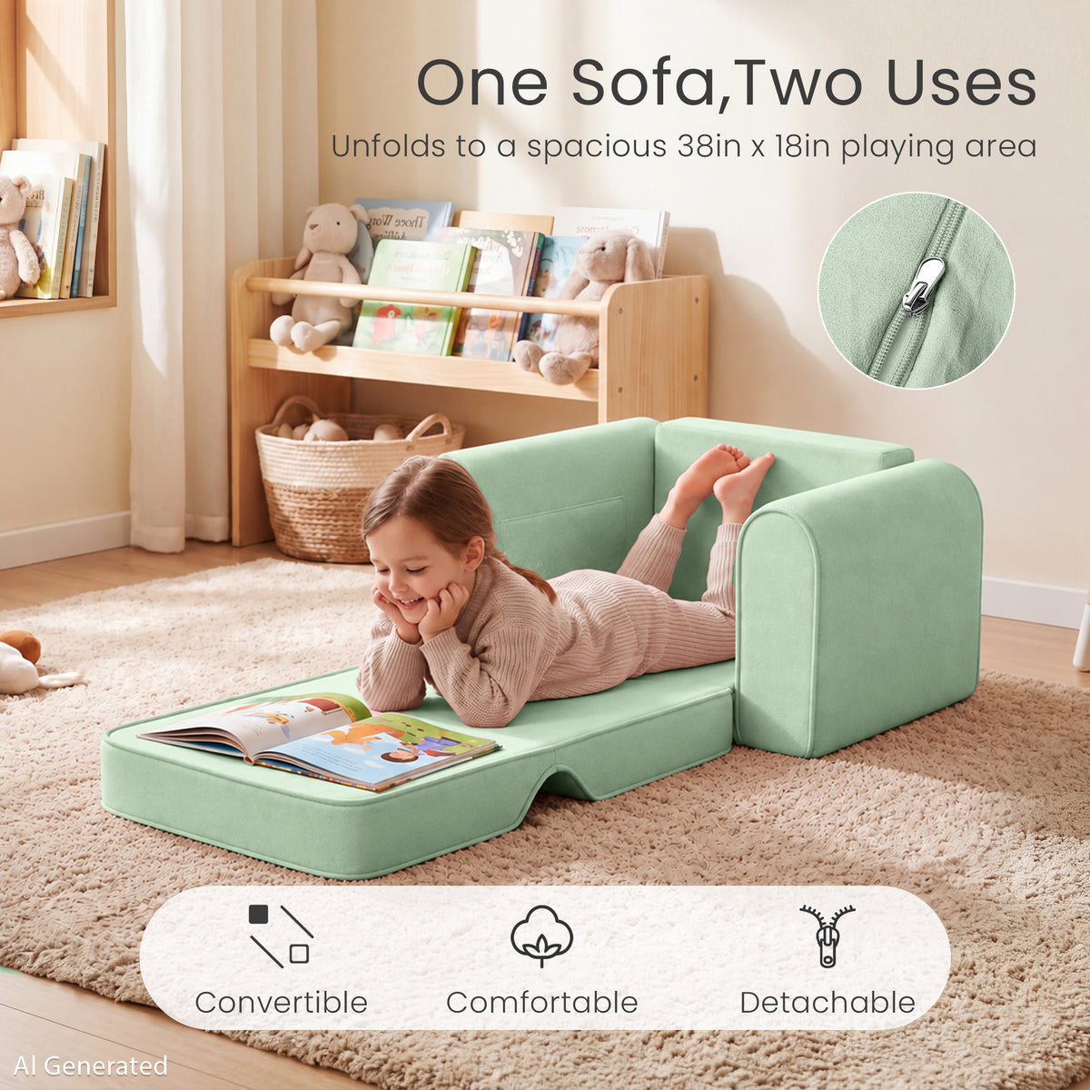AILEEKISS 2-in-1 Toddler Sofa Chair, Foldable Kids Couch Flip Open Bed for Playroom, Green