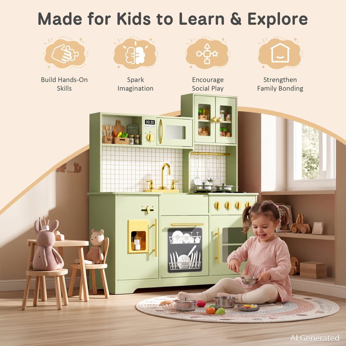 AILEEKISS Kids Kitchen Playset for Children, Realistic Pretend Kitchen Toy with Ice Maker, Green