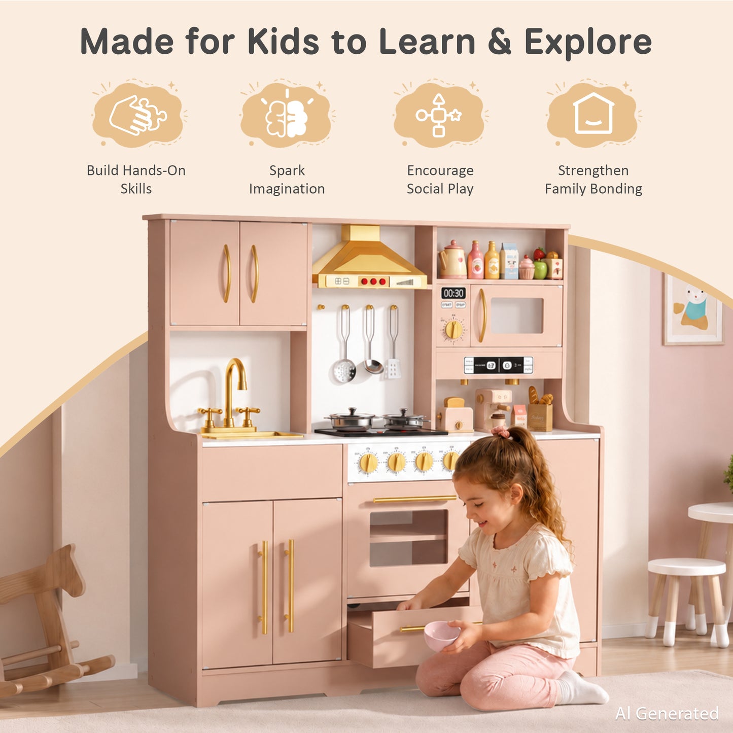 AILEEKISS Wood Kids Play Kitchen, Pretend Kitchen Playset for Children Age 3 Years up, Orange