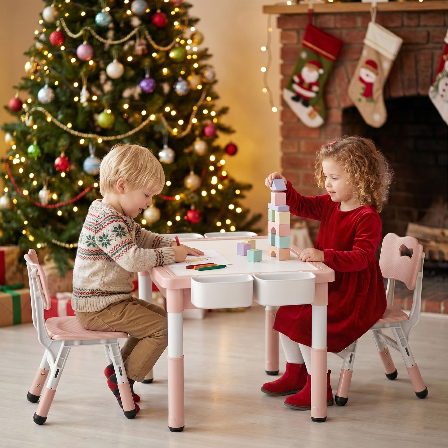 AILEEKISS Kids Table and Chair Set, Children Lego Table Play Activity Desk for Drawing, Pink