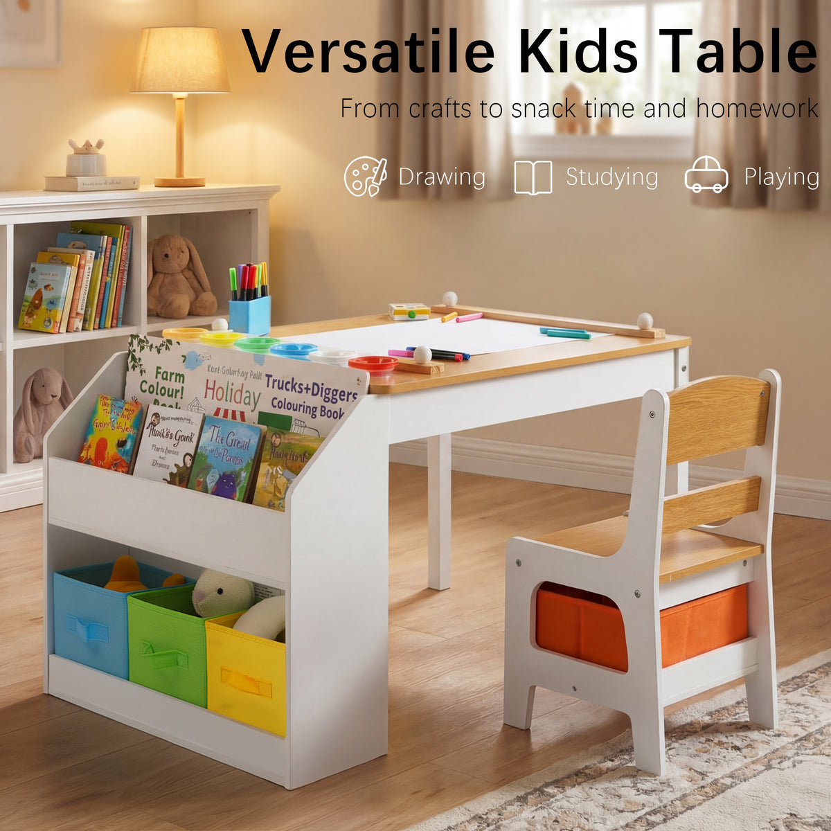 AILEEKISS Kids Table and Chair Set,Children Play Activity Desk for Drawing with 3 Drawers, Natural