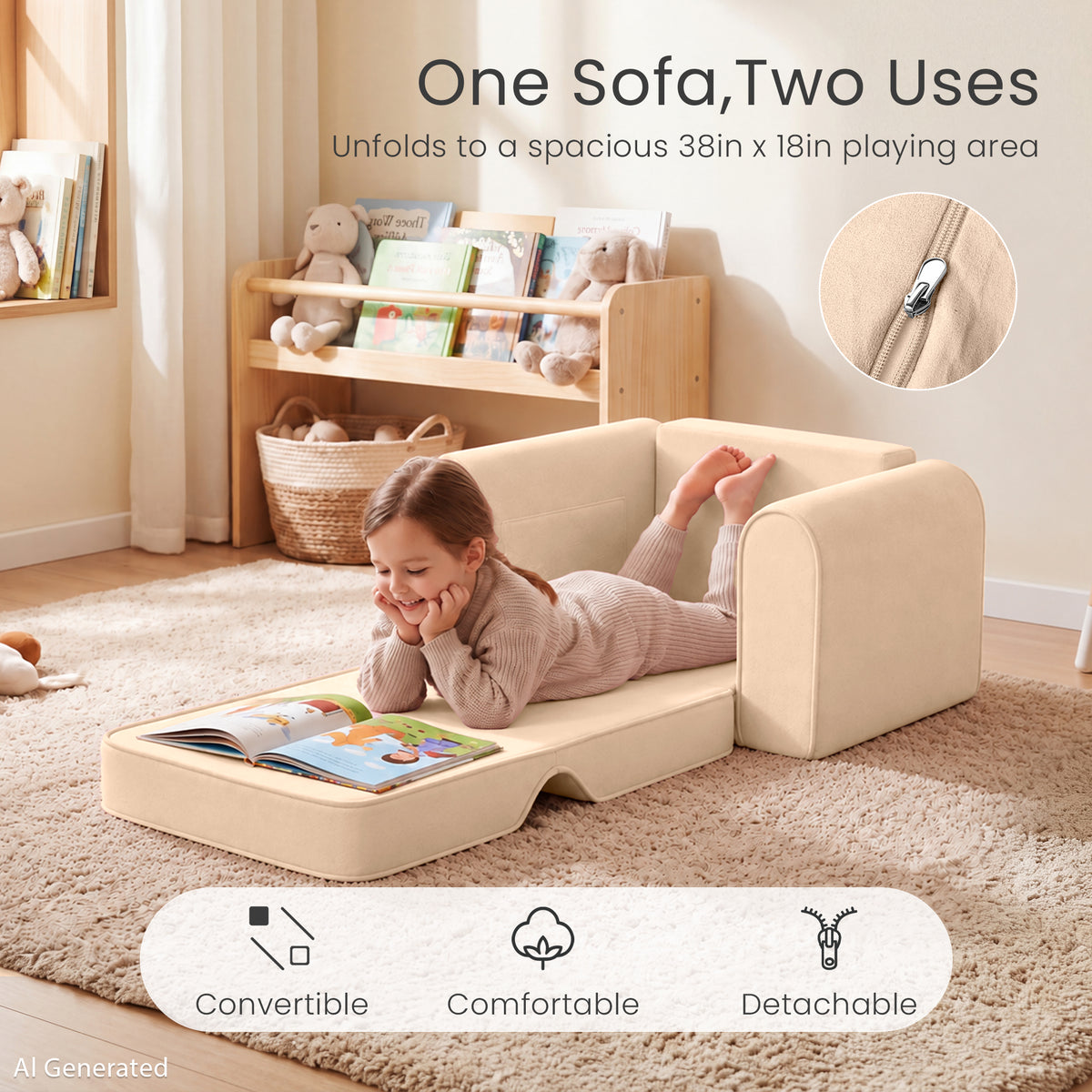 AILEEKISS 2-in-1 Toddler Sofa Chair, Foldable Kids Couch Flip Open Bed for Playroom, Beige