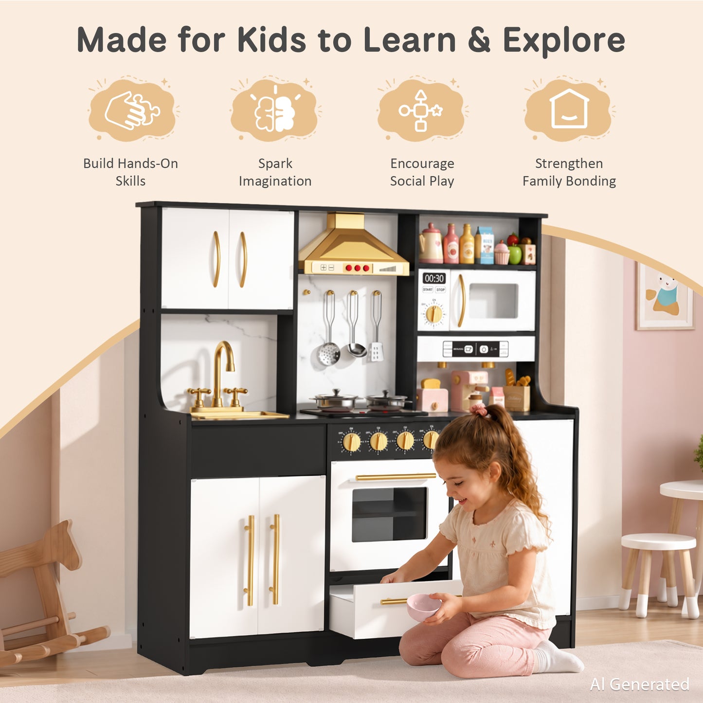 AILEEKISS Wood Kids Play Kitchen, Pretend Kitchen Playset for Children Age 3 Years up, Black