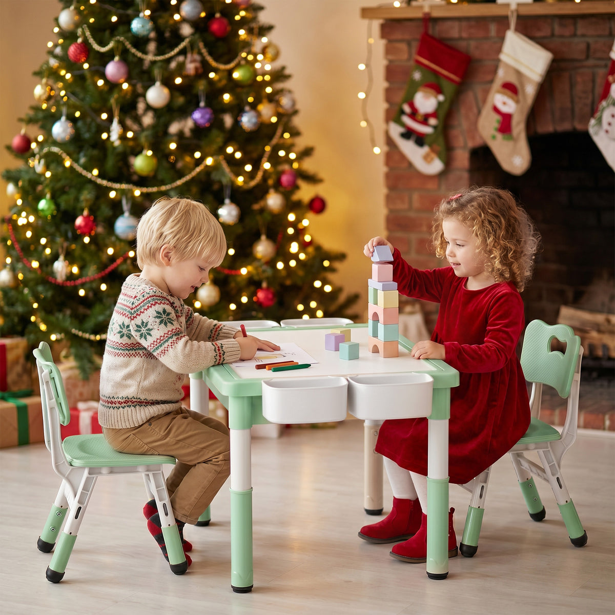 AILEEKISS Kids Table and Chair Set, Children Lego Table Play Activity Desk for Drawing, Green